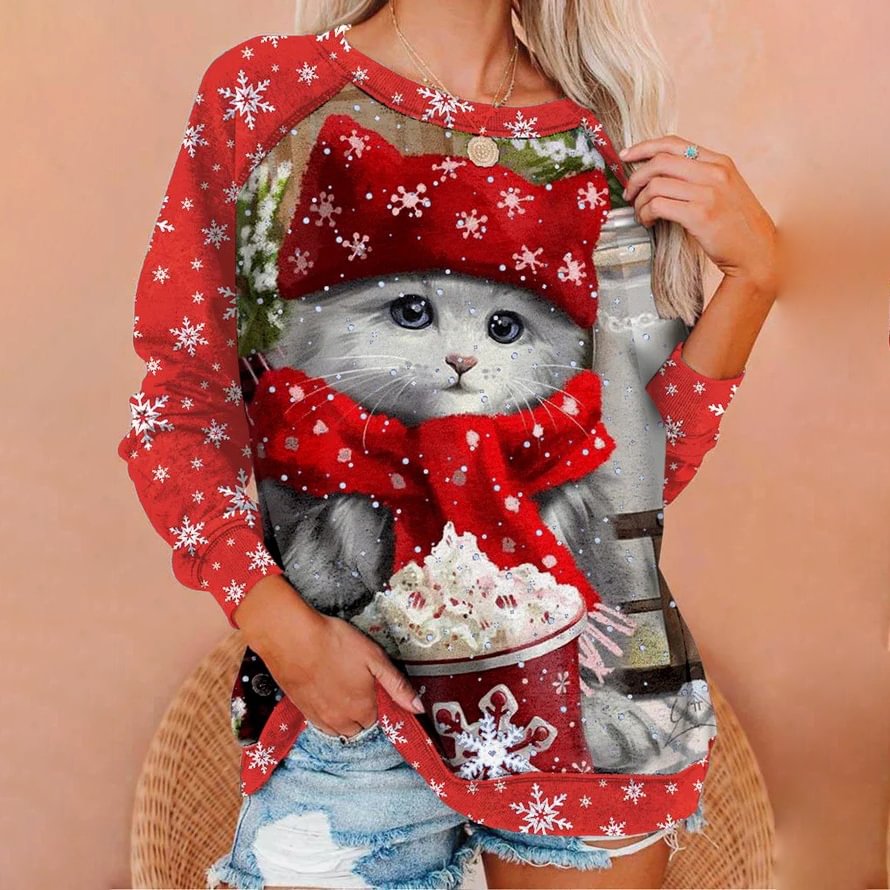 Classic Red Christmas Cat Casual Crew Neck Sweatshirt