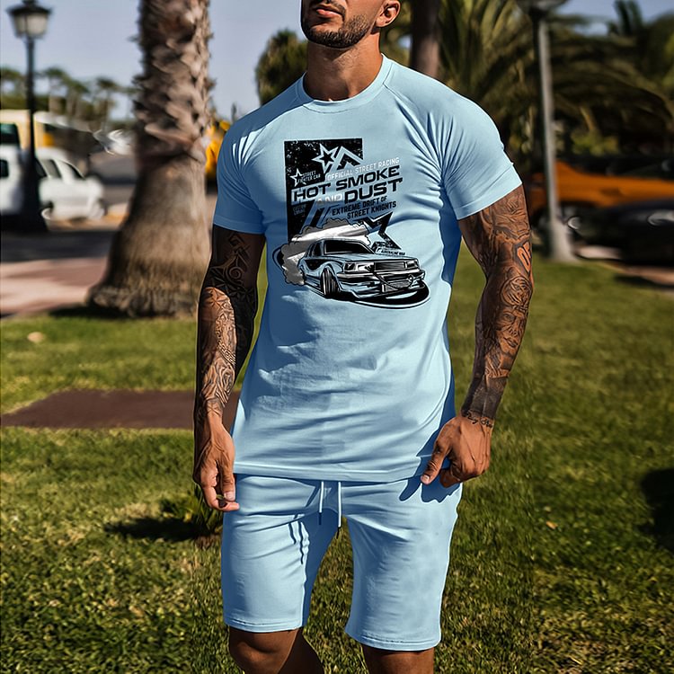 BrosWear Blue Car T-Shirt And Shorts Two Piece Set