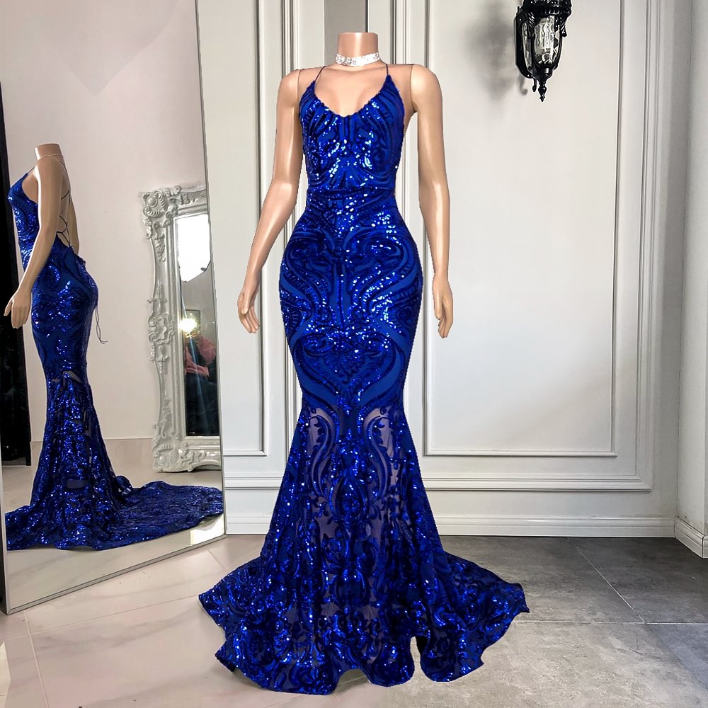 Luluslly Royal Blue Spaghetti-Straps Sequins Prom Dress Mermaid Sleeveless