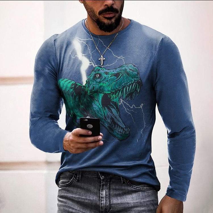 BrosWear Blue Lightning Dinosaur Long Sleeve T-Shirt