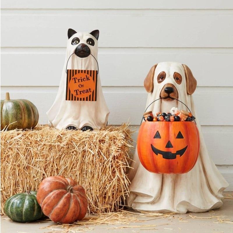 Halloween Decorative Dog Cat Pumpkin Candy Bowl Basket Ornaments Resin Halloween Decoration For Balcony Garden Home - vzzhome