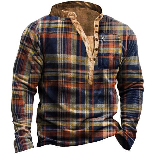 Men's Outdoor Retro Plaid Polar Fleece Henley Collar Sweatshirt / [viawink] /