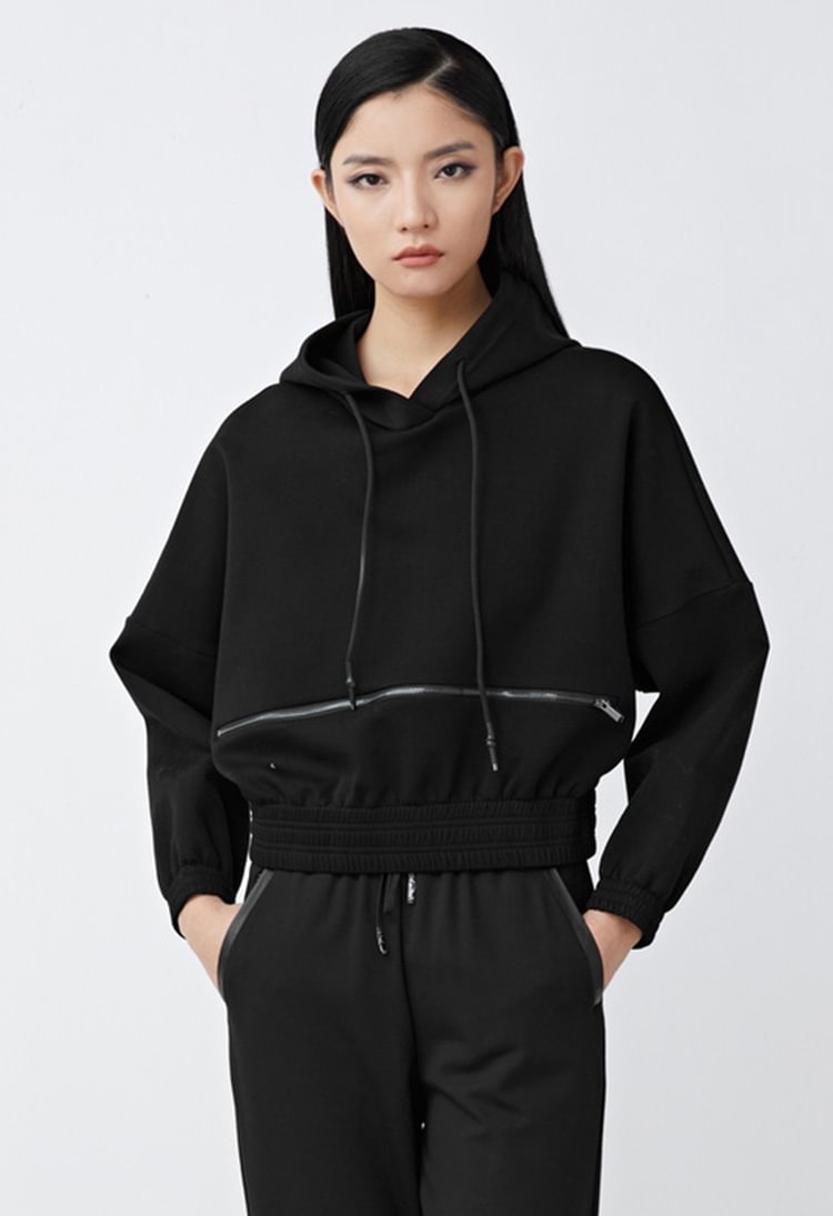 Women's drawstring hooded zipper stitching short sweater jacket S21462209