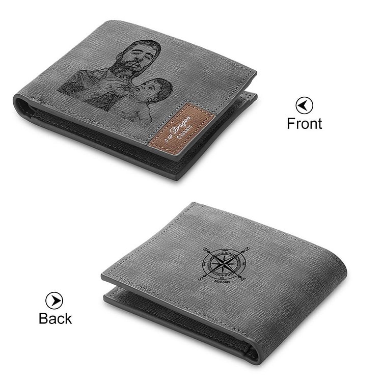 Custom Photo Wallet with Compass Pattern Engraved on the Back - Gift for Him