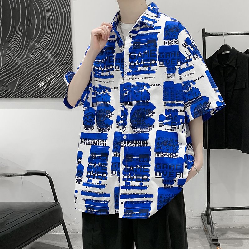 Harajuku Alphabet Graffiti Print Drop Shoulder Loose Short Sleeve Shirt / Techwear Club / Techwear