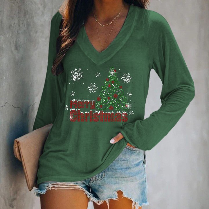 Merry Christmas Snowflake And Christmas Tree Pattern Women V-neck Blouse