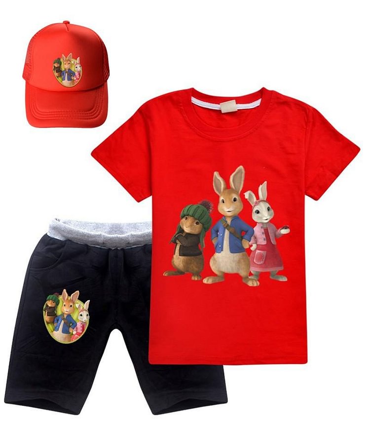 Girls Boys Peter Rabbit Printed Cotton T Shirt Shorts Outfit With Hat-Mayoulove