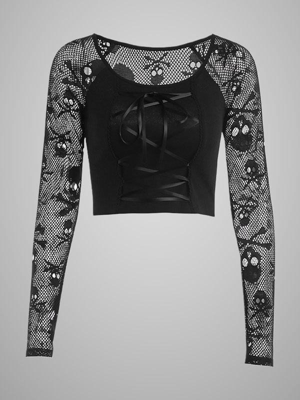 Dark Sexy Girl Skull Mesh Paneled Lace Up Crew Collar Long Sleeve Midriff Sweatshirt 