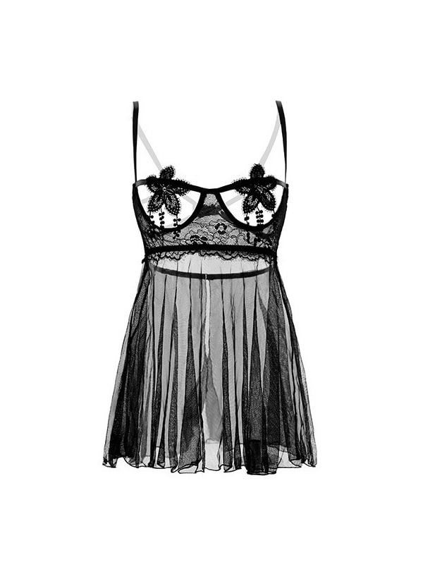 Babydolls Open Bra Lace Steel Ring Nightgown-Icossi