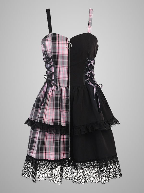 Trendy Statement Checkered Lace Up Front Zipper Spaghetti Straps Layered Dress