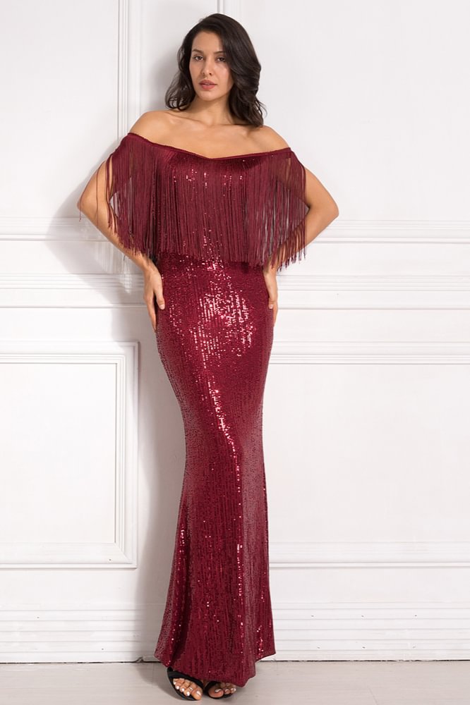 burgundy sequins mermaid prom dress with tassels