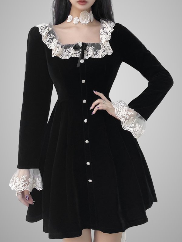 Gothic Dark Sweet Vintage Velvet Lace Paneled Buttoned Bowknot Tight Waist Long Sleeve Square Collar Dress