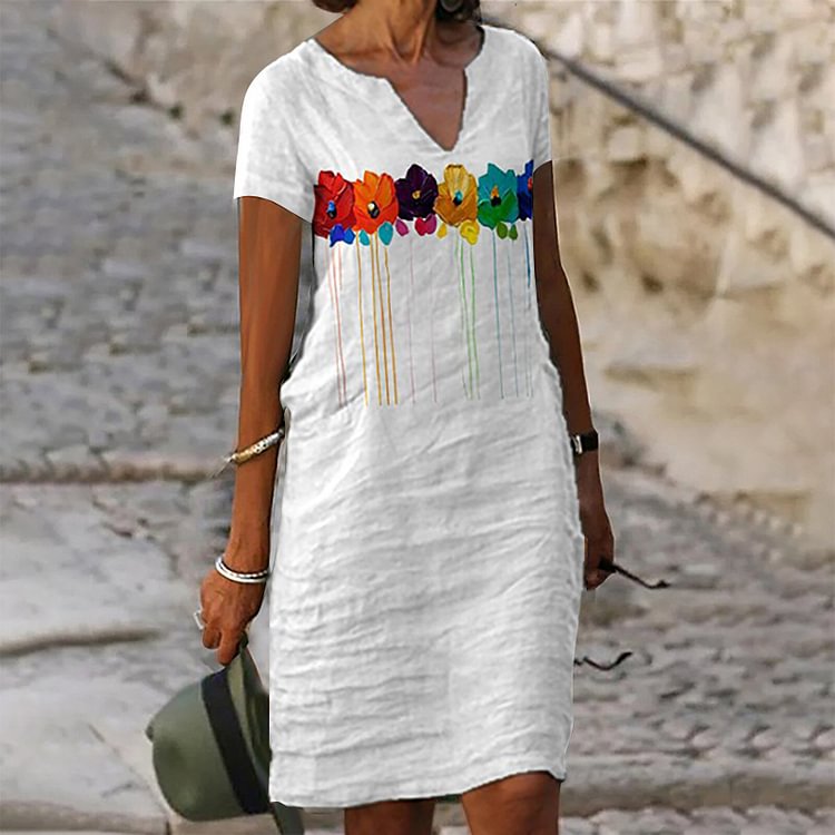 Women's V-neck Short Skirt Summer Women's Cotton Linen Printed Short Sleeve Dress