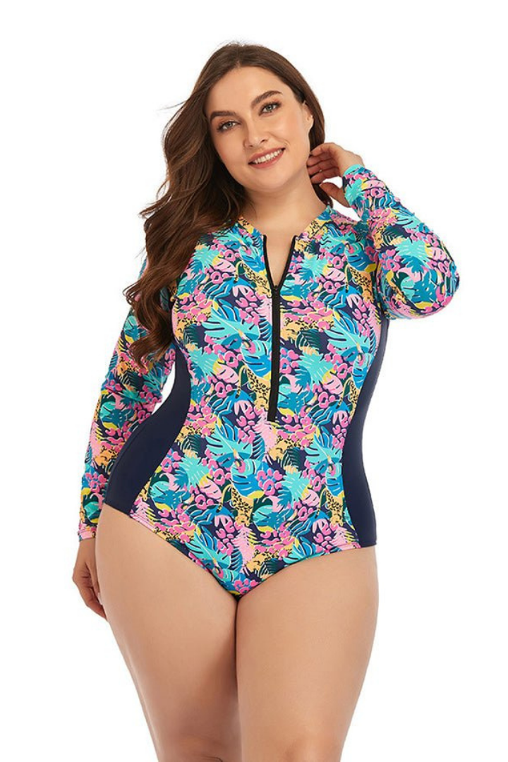 Plus Size Multicolor High Neckline Zip Long Sleeve One Piece Swimsuit