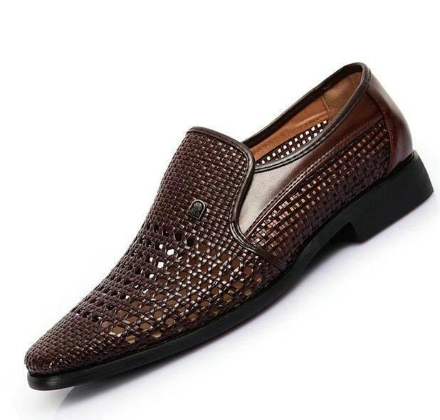 Men Vintage Genuine Leather Soft Bottom Slip-on Hollow Weave Sandals Shoes-Corachic