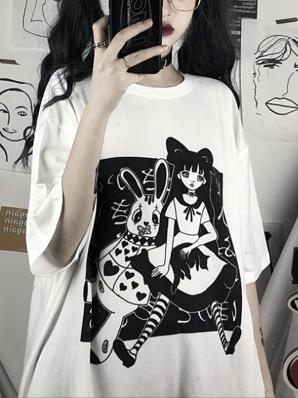 Hip-pop Style Cartoon Printed Oversize T-shirt