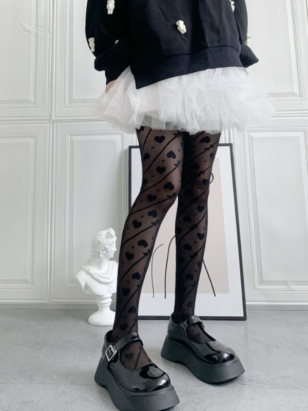 College Style Heart & Bowknots Pattern Stripes Silk Tights