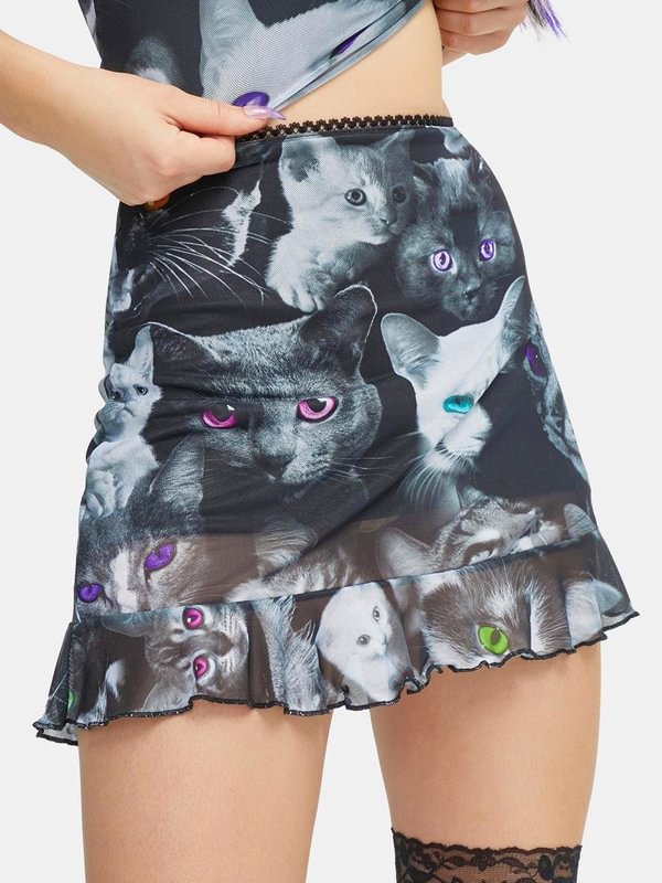 Dark Catty Printed Bodycon Skirt with Flounce
