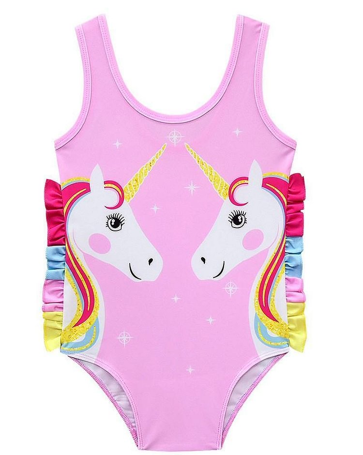 Rainbow Unicorn Ruffle Sides Pink 3-9 Years Girls One Piece Swimsuit-Mayoulove