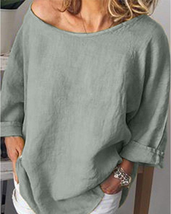 Cotton and linen round neck loose solid color retro round neck top