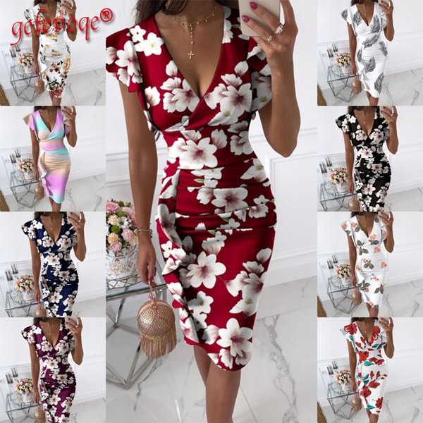 Elegant Floral Print Dresses For Women New Summer Trendy Clothes V-neck Butterfly Sleeve Ruffle Party Midi Dress Robe Femme