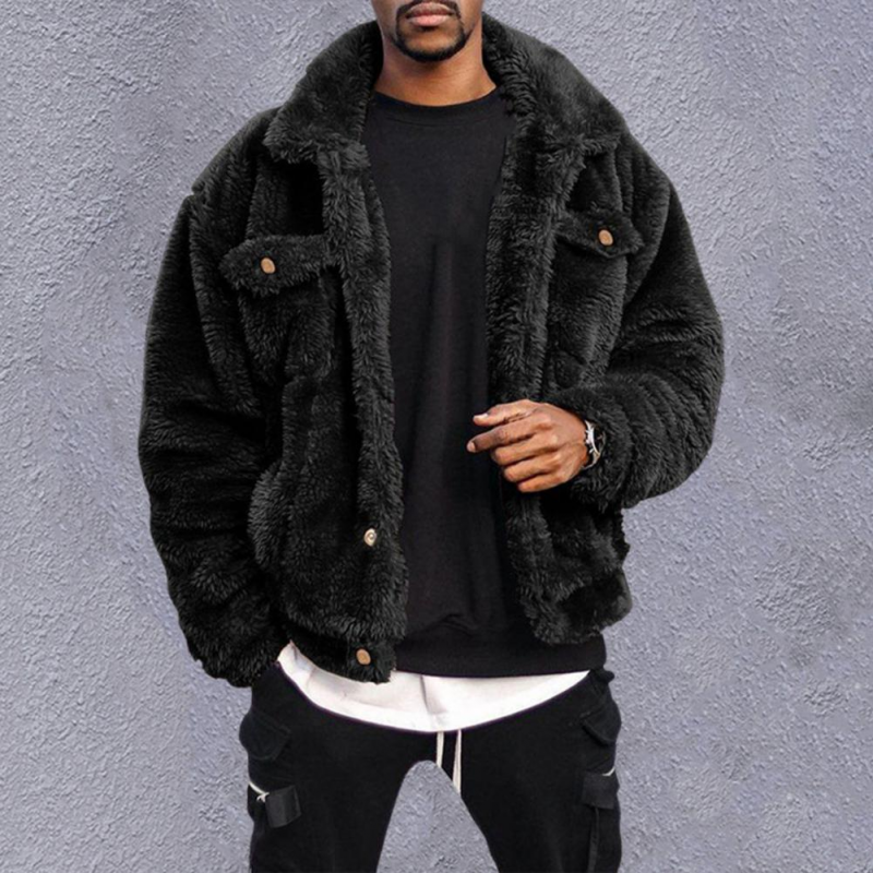 Black Fluffy Men's Hip-hop Style Winter Fleece Jackets-VESSFUL