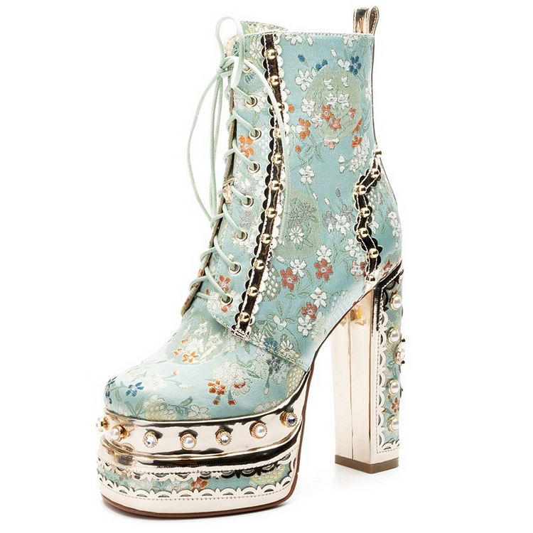 Wedding Fashion Hand-set Diamonds Rhinestone Light Blue Silk Lace Up Platform Chunky Heel Ankle Boots