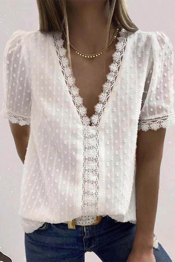 Solid Color V-neck Panelled Lace Shirt-Allyzone-Allyzone