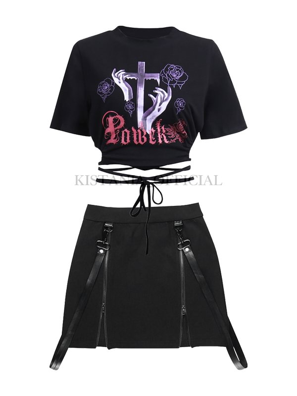 Goth Cross Graphic Printed Bandaged Crop Top + Detachable Belt Decorated Split Zipper Bodycon Skirt 2-piece Sets
