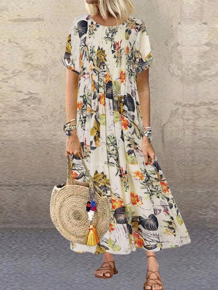 Floral Printed Casual Round Neck Short Sleeve Maxi Dress