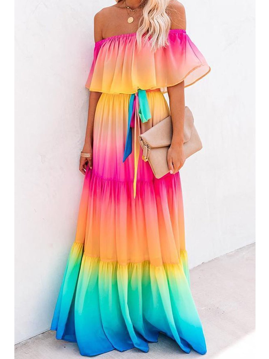 Elegant Off Shoulder Rainbow Maxi Dress P11386