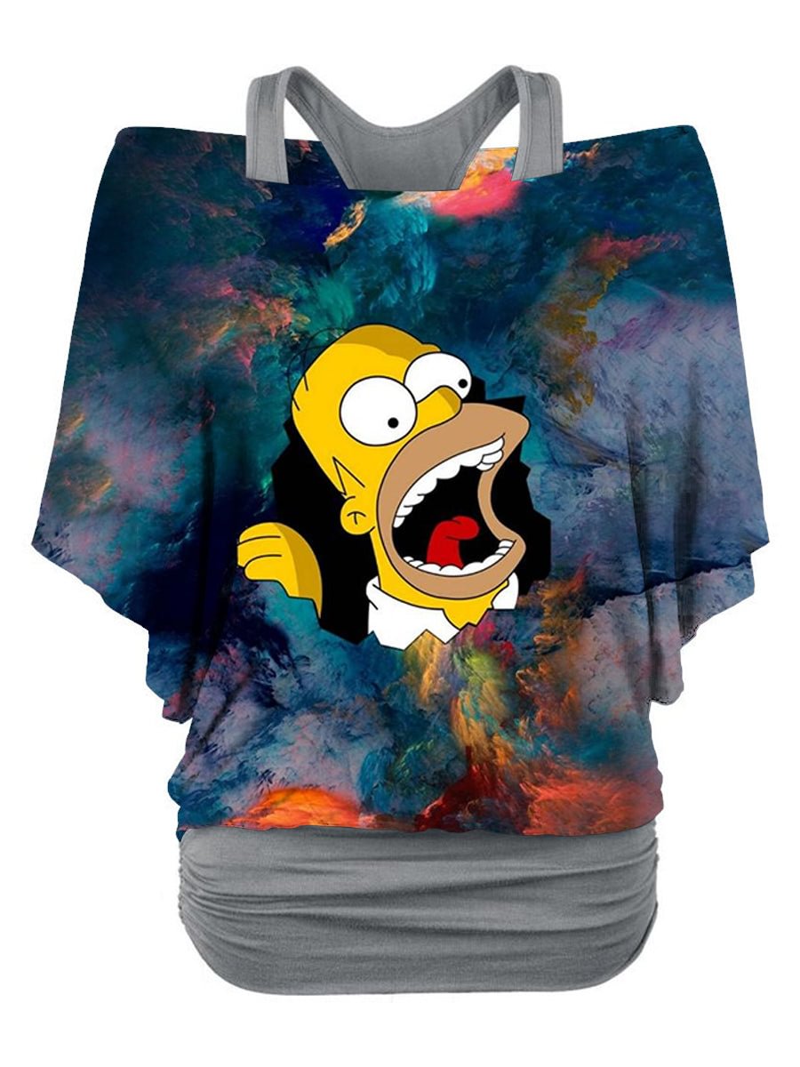 Cartoon Character With Big Mouth Tie-dye Bat Sleeve One Shoulder Top