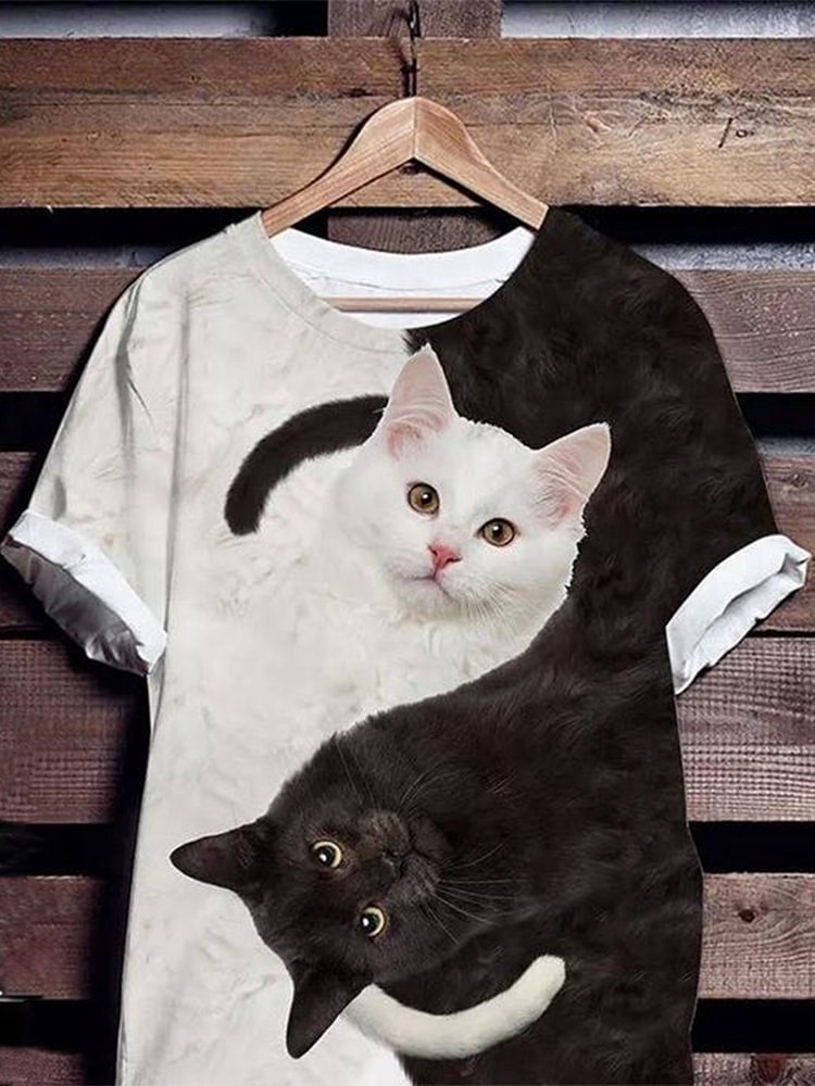 Women Black Cat White Cat Print Short Sleeves Casual Tees