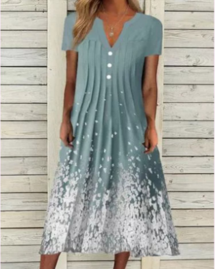 New Fashion Casual Floral V-Neck Short Sleeve Mid-Length Dress