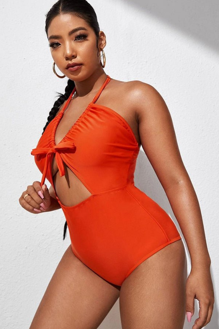 Plus Size Deep Orange V-Neck Halterneck Lace One Piece Swimsuit