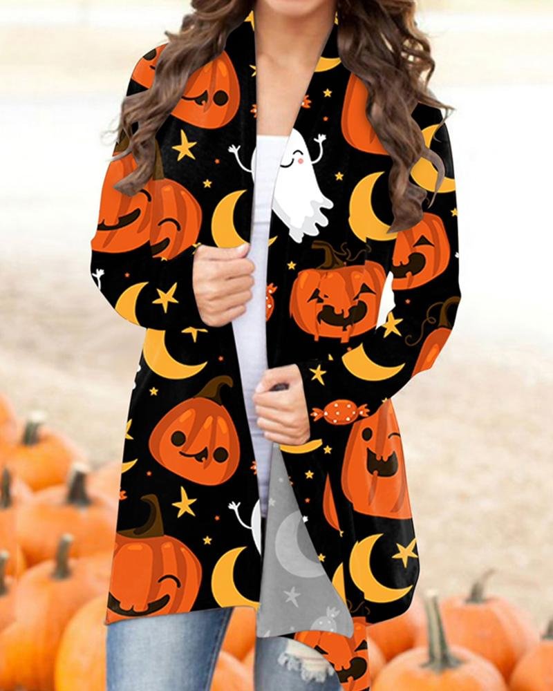 Halloween Scary Pumpkin Printing Casual Open Front Cardigan
