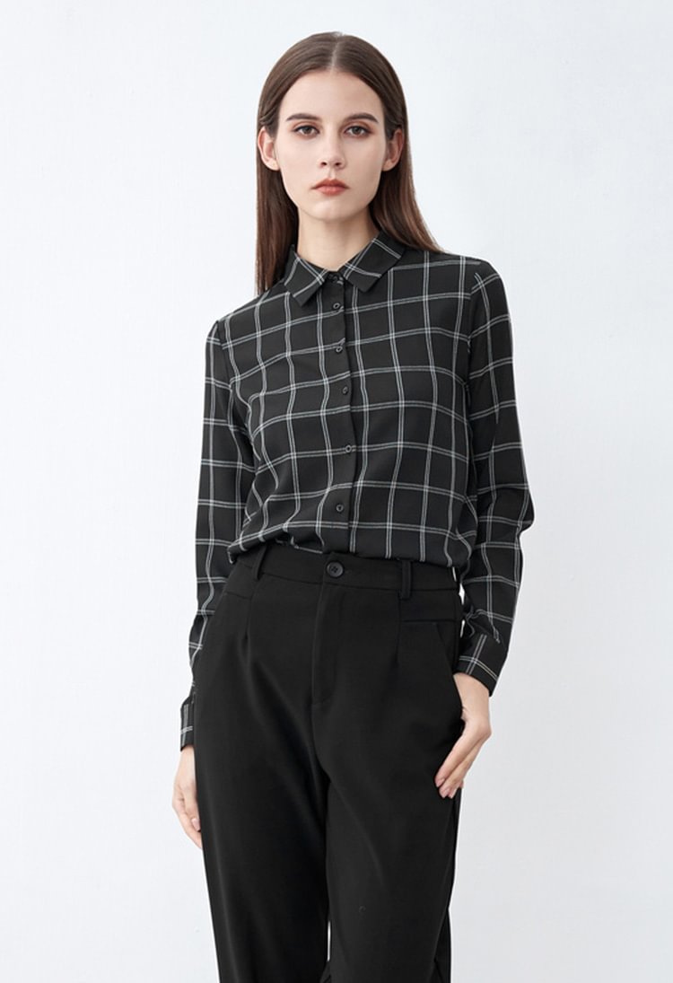 SDEER Basic Long-sleeved Shirt With Lapel Contrast Check Pattern