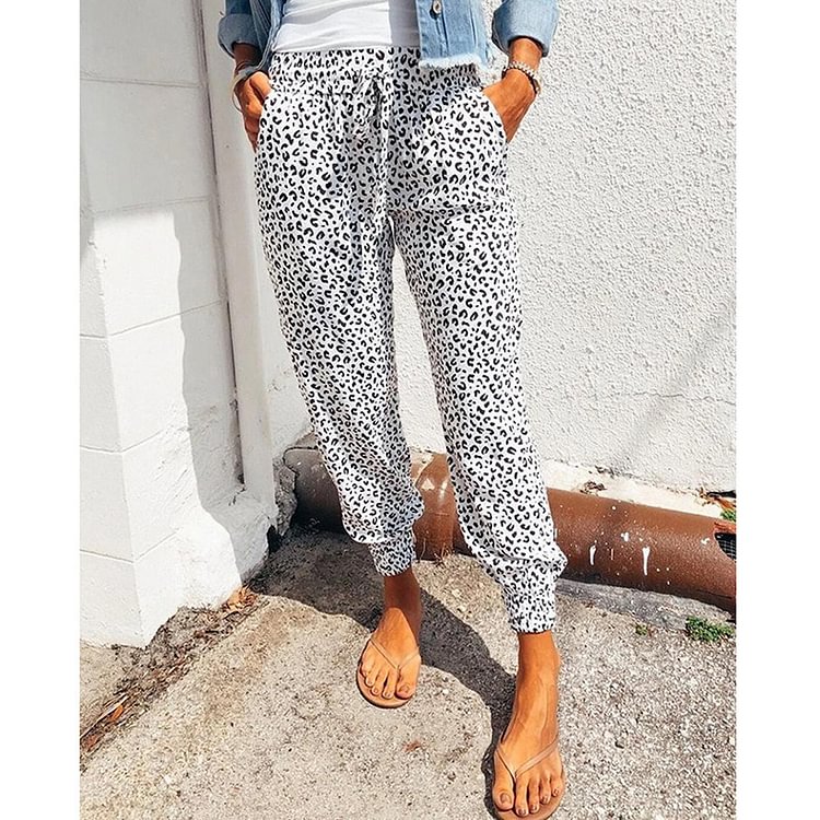 Women’s Leopard Drawstring Elastic Waist Sports Lounge Pants with Pockets