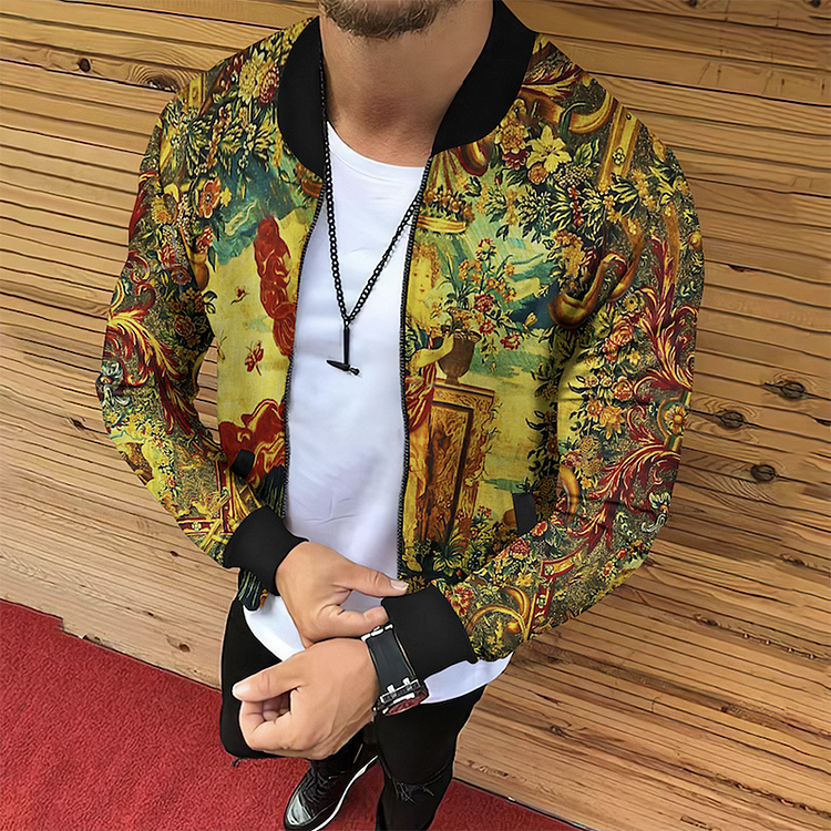 BrosWear Men's Floral Casual Stand Collar Jacket