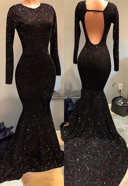 Classic Black Long Sleeve Sequined Evening Dress Mermaid Open Back