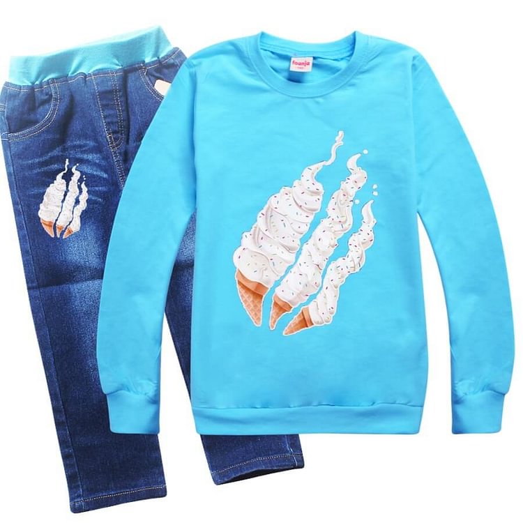 Mayoulove Ice Cream Shape Flaming Fire Print Girls Boys Pullover Jeans Outfits-Mayoulove