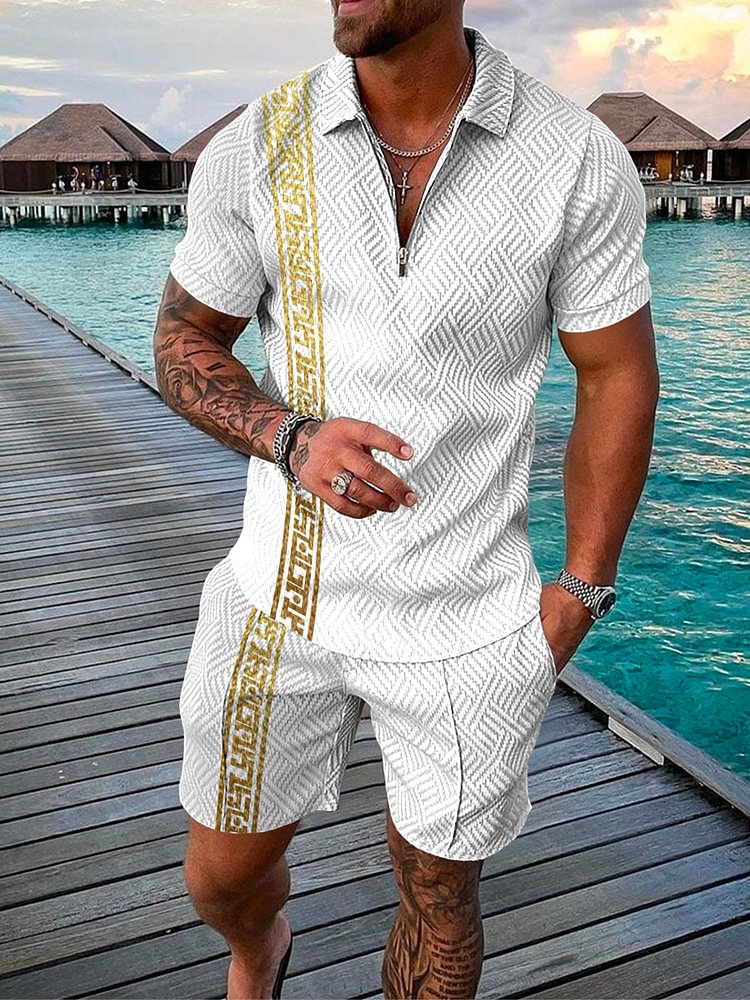 Men's Vacation Retro Golden Printing Polo White Suit