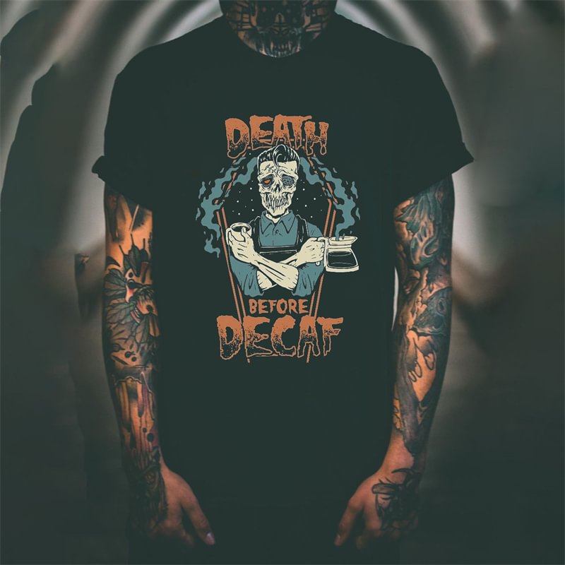 Cloeinc  Death Before Decaf Skull Coffee Printed Men's T-shirt Designer - Cloeinc
