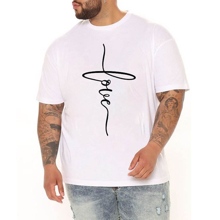 BrosWear Plus Size White Cross Print LOVE Short Sleeve T-Shirt
