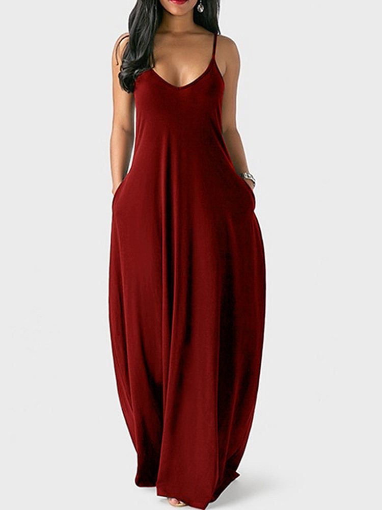 Dresses for Women Casual Summer Spaghetti Strap Sexy V-Neck Loose Plus Size Long Maxi Dress With Pocket