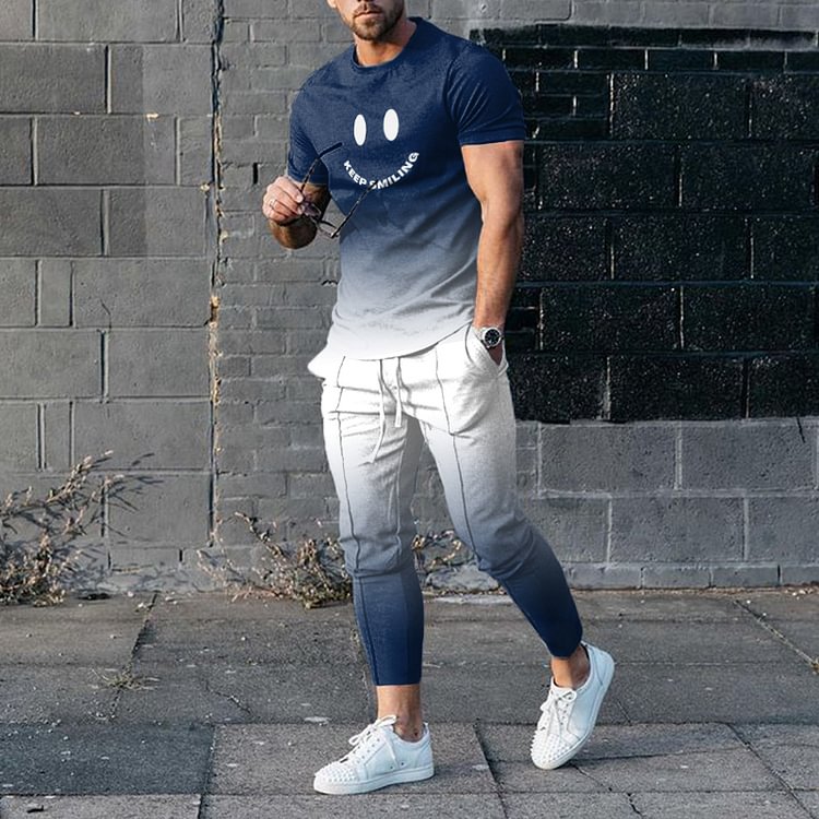 BrosWear Blue And White Gradient Sports T-Shirt And Pants Two Piece Set