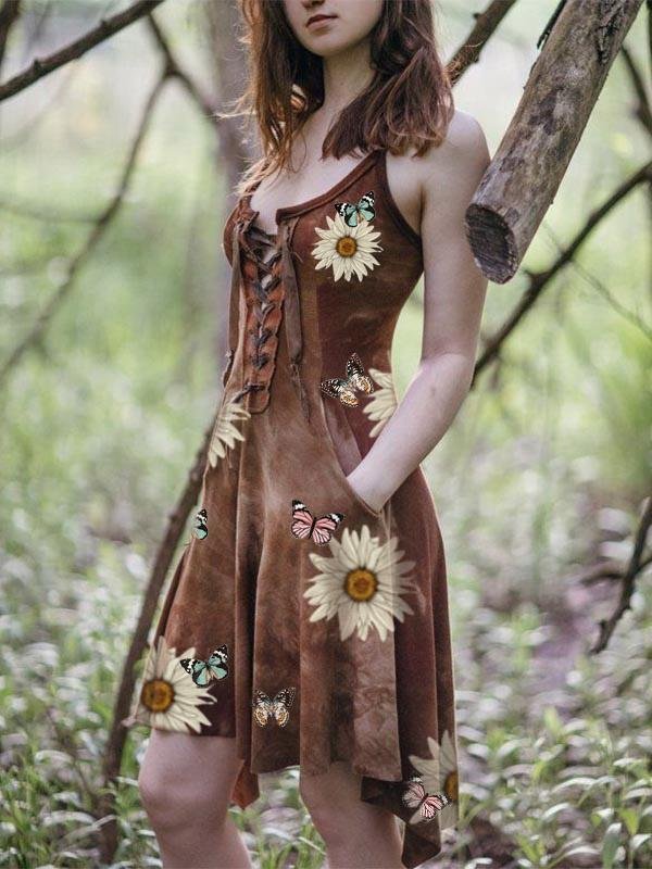 Women's Slim Irregular Hem Sunflower Butterfly Print Dress-Mayoulove