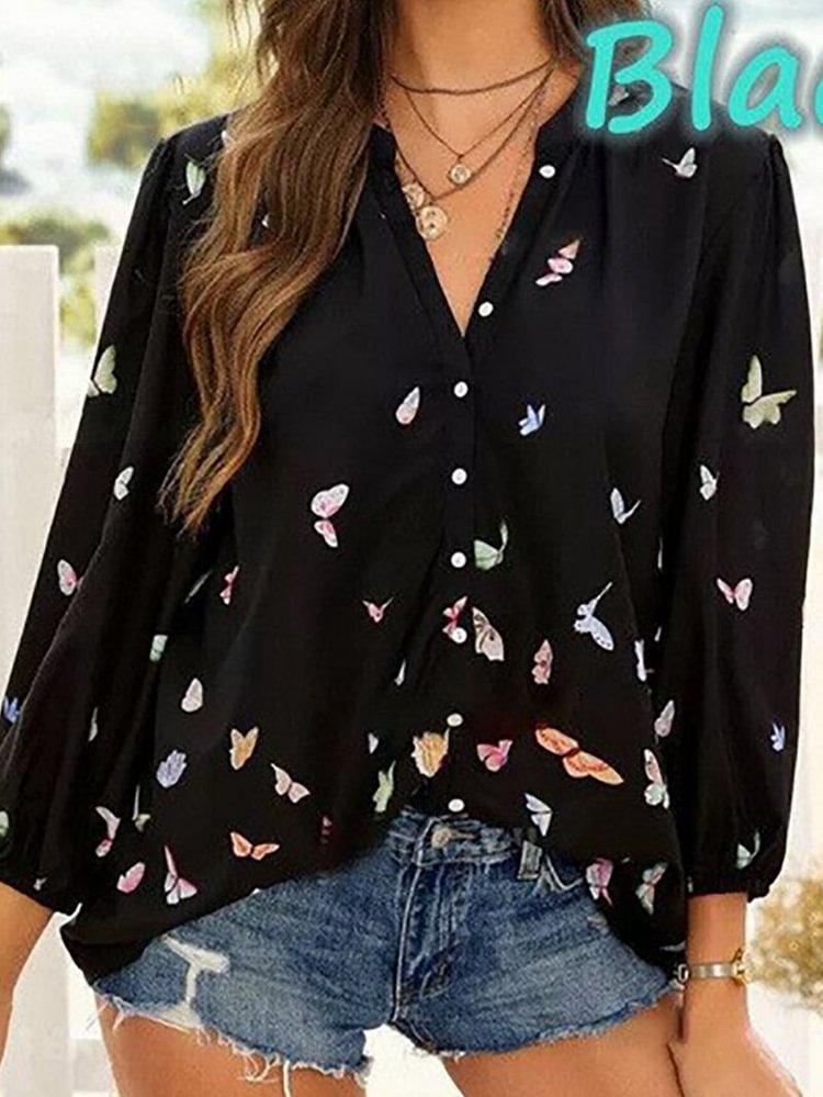 Butterfly Long-sleeved Lapel Ladies Shirt-Mayoulove