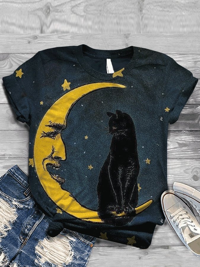 Women's Cat Moon Print Crew Neck Short Sleeve Tee Shirt
