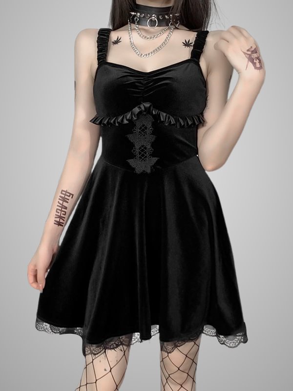 Gothic Dark Velvet Lace A-line Tight Dress with Ruffles